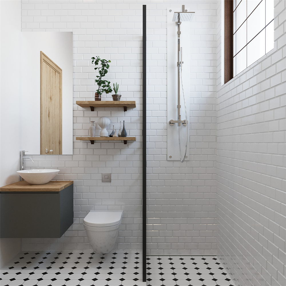 A sleek walk-in shower that gives the bathroom a spacious look